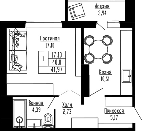 Планировка 1-к.кв 39.81 м² в ЖК «Два поэта»