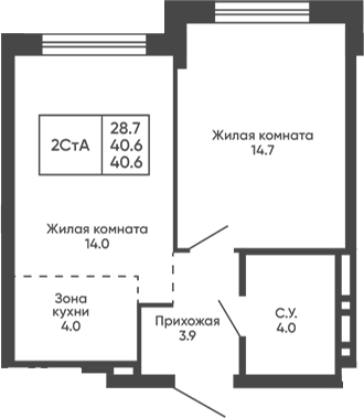 Планировка 2е-к.кв 40.60 м² в ЖК «Сподвижники»