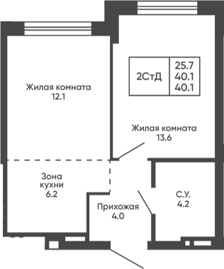 Планировка 2е-к. квартира 40.10 м² в ЖК «Сподвижники»