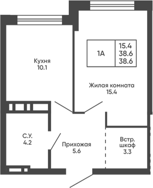 Планировка 1-к.кв 38.60 м² в ЖК «Сподвижники»