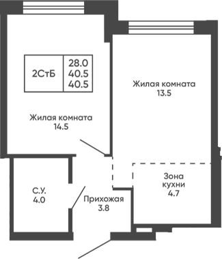 Планировка 2е-к.кв 40.50 м² в ЖК «Сподвижники»
