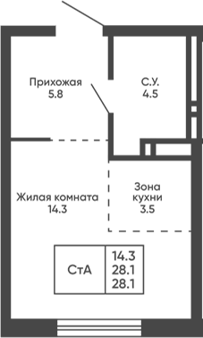 Планировка студия 28.10 м² в ЖК «Сподвижники»