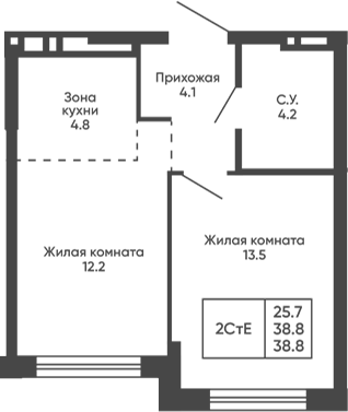 Планировка 2е-к.кв 38.80 м² в ЖК «Сподвижники»