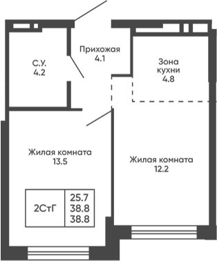 Планировка 2е-к.кв 38.80 м² в ЖК «Сподвижники»