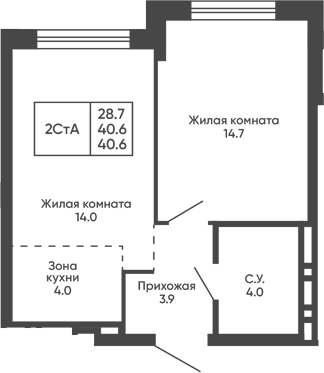 Планировка 2е-к.кв 40.60 м² в ЖК «Сподвижники»