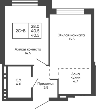 Планировка 2е-к.кв 40.50 м² в ЖК «Сподвижники»