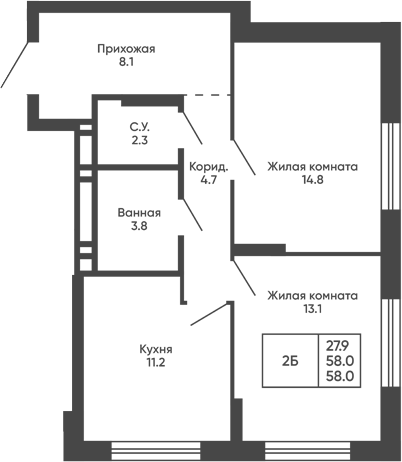 Планировка 2-к.кв 58.00 м² в ЖК «Сподвижники»