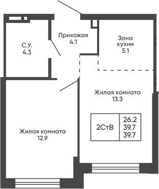 Планировка 2е-к.кв 39.70 м² в ЖК «Сподвижники»