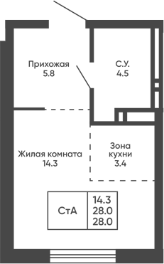 Планировка студии 28.00 м² в ЖК «Сподвижники»