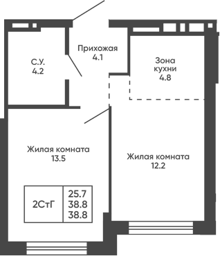Планировка 2е-к. квартира 38.80 м² в ЖК «Сподвижники»
