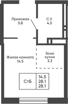 Планировка студии 28.10 м² в ЖК «Сподвижники»