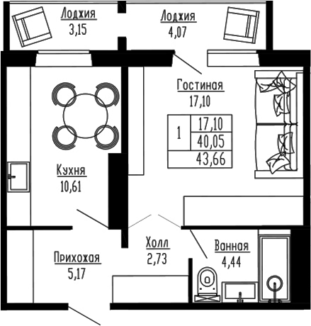 Планировка 1-к.кв 40.04 м² в ЖК «Два поэта»