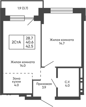 Планировка 2е-к. квартира 40.60 м² в ЖК «Сподвижники»
