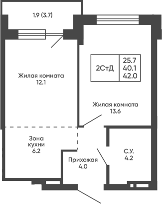 Планировка 2е-к. квартира 40.10 м² в ЖК «Сподвижники»