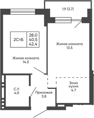 Планировка 2е-к.кв 40.50 м² в ЖК «Сподвижники»