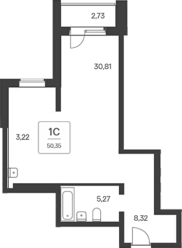 Планировка студии 47.62 м² в ЖК «Тайм Парк апартаменты»