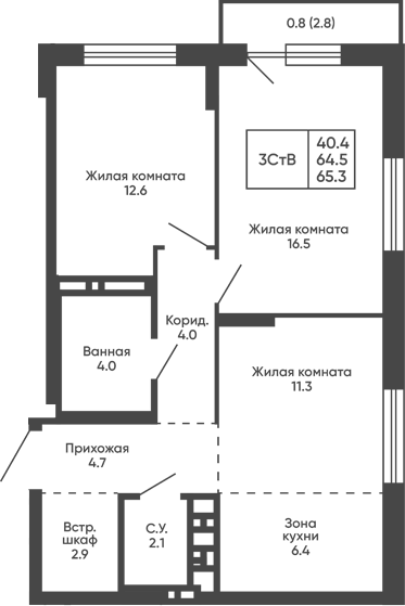Планировка 3е-к.кв 64.50 м² в ЖК «Сподвижники»