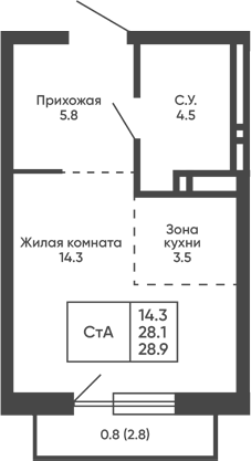 Планировка студии 28.10 м² в ЖК «Сподвижники»