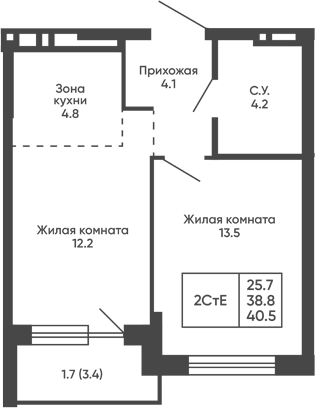 Планировка 2е-к.кв 38.80 м² в ЖК «Сподвижники»