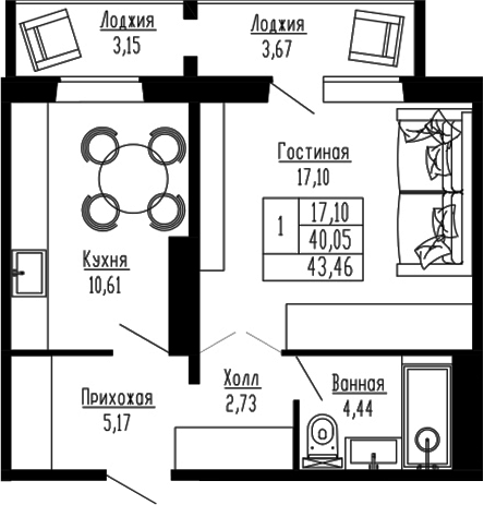 Планировка 1-к.кв 40.04 м² в ЖК «Два поэта»