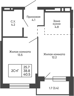 Планировка 2е-к.кв 38.80 м² в ЖК «Сподвижники»