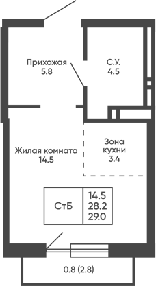 Планировка студия 28.20 м² в ЖК «Сподвижники»