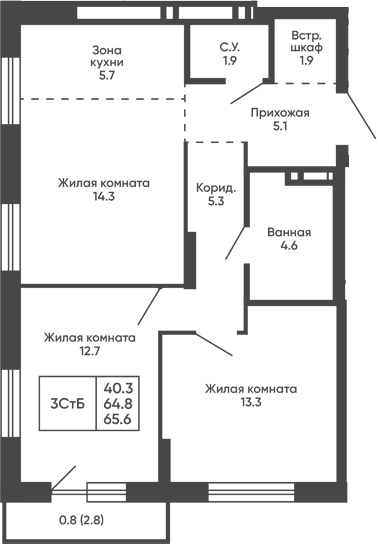 Планировка 3е-к.кв 64.80 м² в ЖК «Сподвижники»