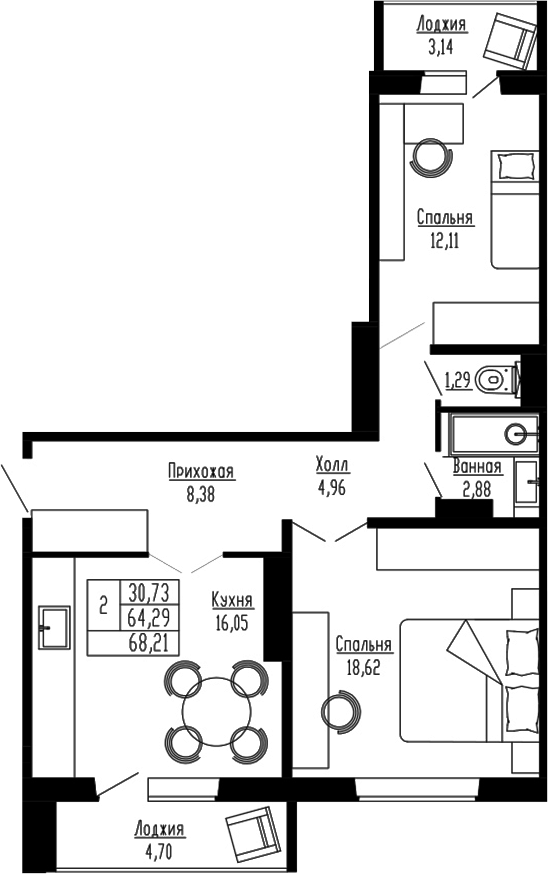 Планировка 2-к.кв 64.29 м² в ЖК «Два поэта»