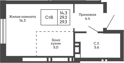 Планировка студии 29.30 м² в ЖК «Сподвижники»