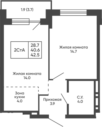 Планировка 2е-к.кв 40.60 м² в ЖК «Сподвижники»