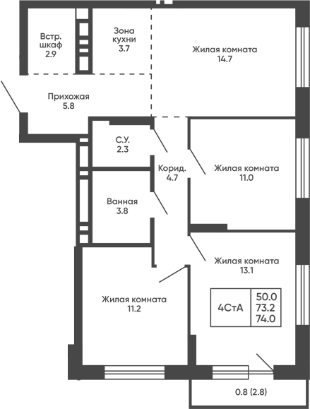 Планировка 4е-к.кв 73.20 м² в ЖК «Сподвижники»
