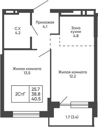 Планировка 2е-к.кв 38.80 м² в ЖК «Сподвижники»
