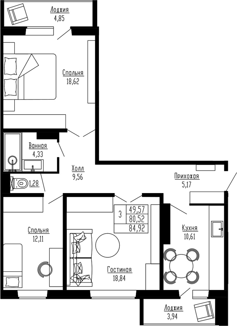 Планировка 3-к.кв 80.53 м² в ЖК «Два поэта»