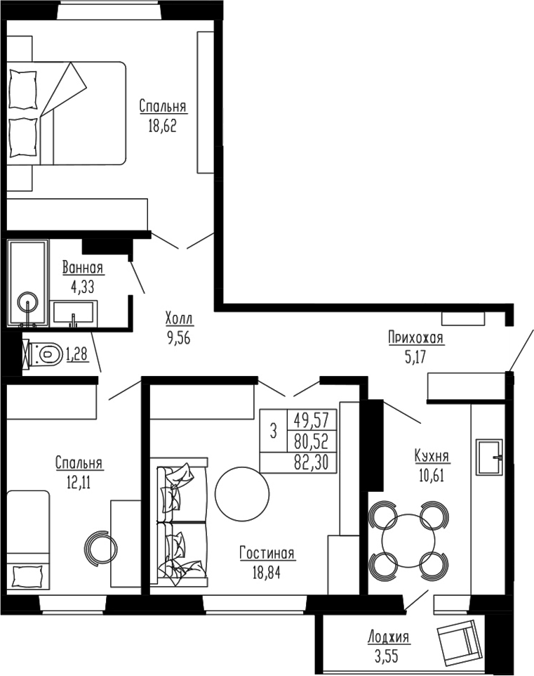 Планировка 3-к.кв 80.52 м² в ЖК «Два поэта»