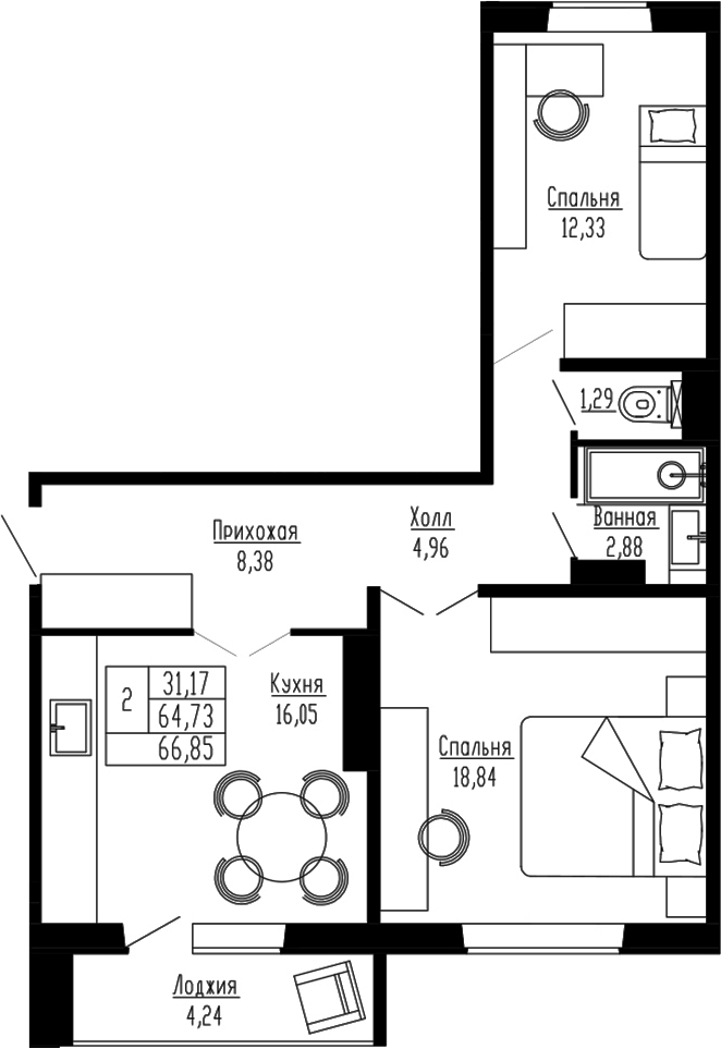 Планировка 2-к.кв 64.73 м² в ЖК «Два поэта»