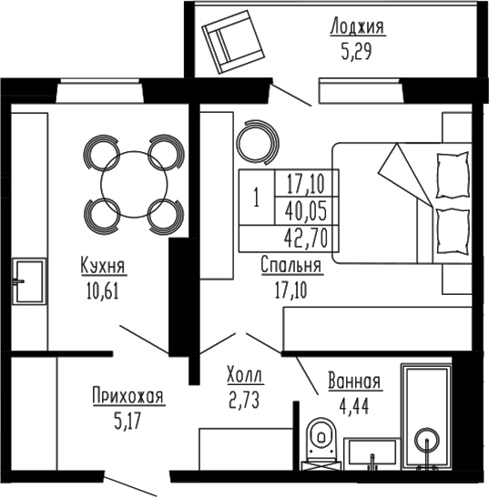 Планировка 1-к.кв 40.05 м² в ЖК «Два поэта»