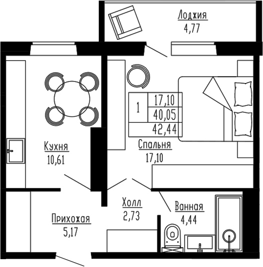 Планировка 1-к.кв 40.06 м² в ЖК «Два поэта»