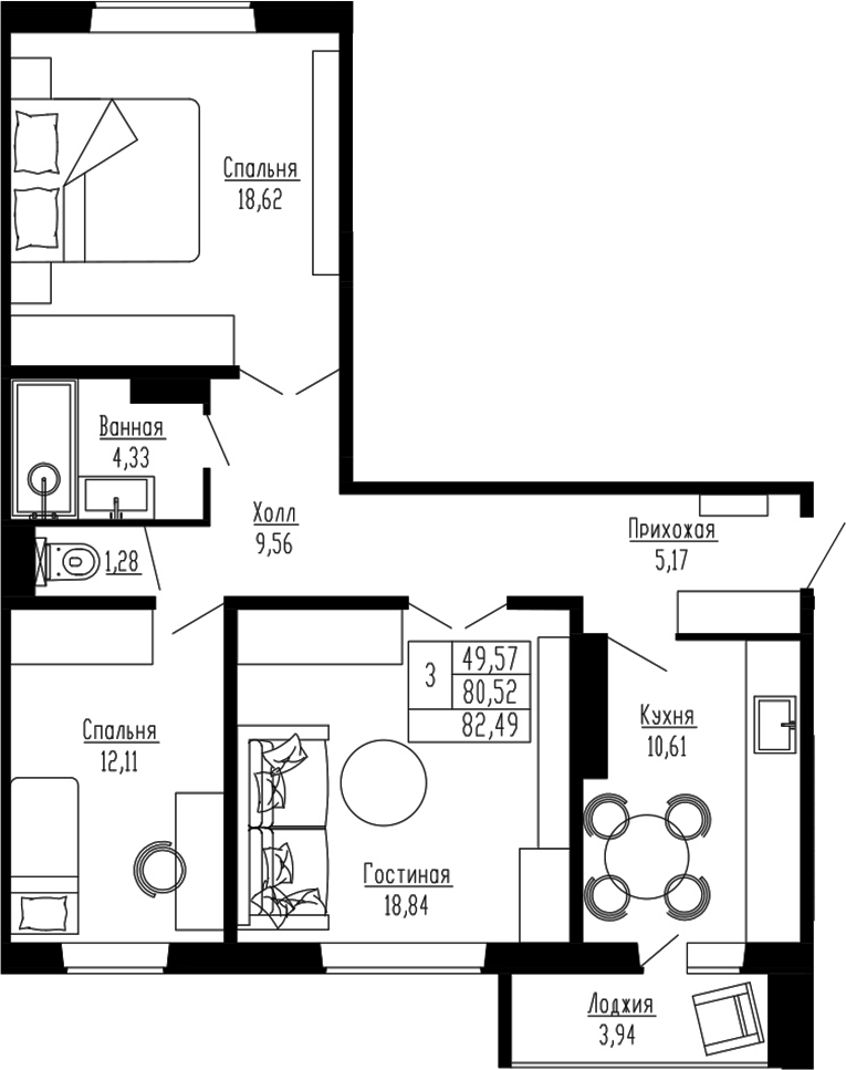 Планировка 3-к.кв 80.52 м² в ЖК «Два поэта»