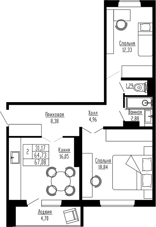 Планировка 2-к.кв 64.73 м² в ЖК «Два поэта»