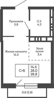 Планировка студии 28.00 м² в ЖК «Сподвижники»
