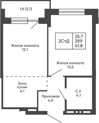 Планировка 2е-к.кв 39.90 м² в ЖК «Сподвижники»