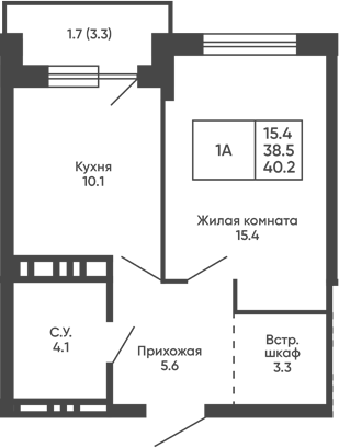 Планировка 1-к.кв 38.50 м² в ЖК «Сподвижники»
