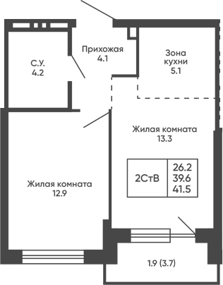 Планировка 2е-к.кв 39.60 м² в ЖК «Сподвижники»