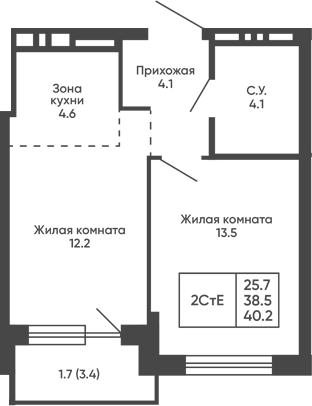 Планировка 2е-к.кв 38.50 м² в ЖК «Сподвижники»