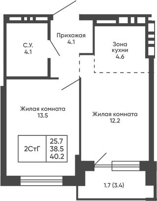 Планировка 2е-к.кв 38.50 м² в ЖК «Сподвижники»