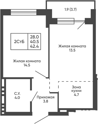 Планировка 2е-к.кв 40.50 м² в ЖК «Сподвижники»
