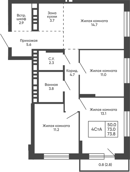 Планировка 4е-к.кв 73.00 м² в ЖК «Сподвижники»