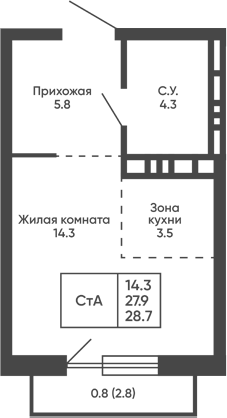 Планировка студии 27.90 м² в ЖК «Сподвижники»