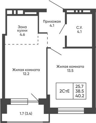 Планировка 2е-к.кв 38.50 м² в ЖК «Сподвижники»