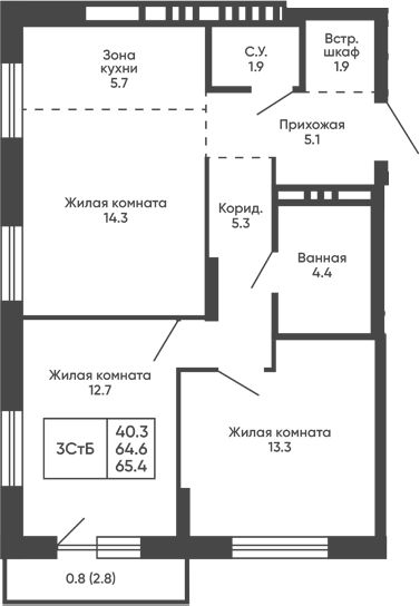 Планировка 3е-к.кв 64.60 м² в ЖК «Сподвижники»